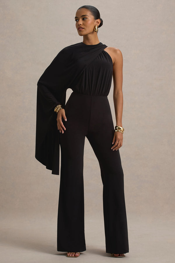 club l Asra Black High-Neck Flared-Leg Jumpsuit With Cape Sleeve