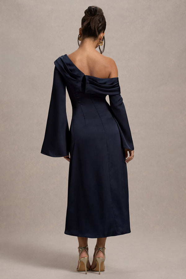 Club L Astral Navy Satin Asymmetric Flared-Sleeve Midi Dress