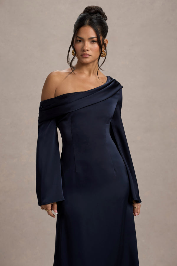 Club L Astral Navy Satin Asymmetric Flared-Sleeve Midi Dress