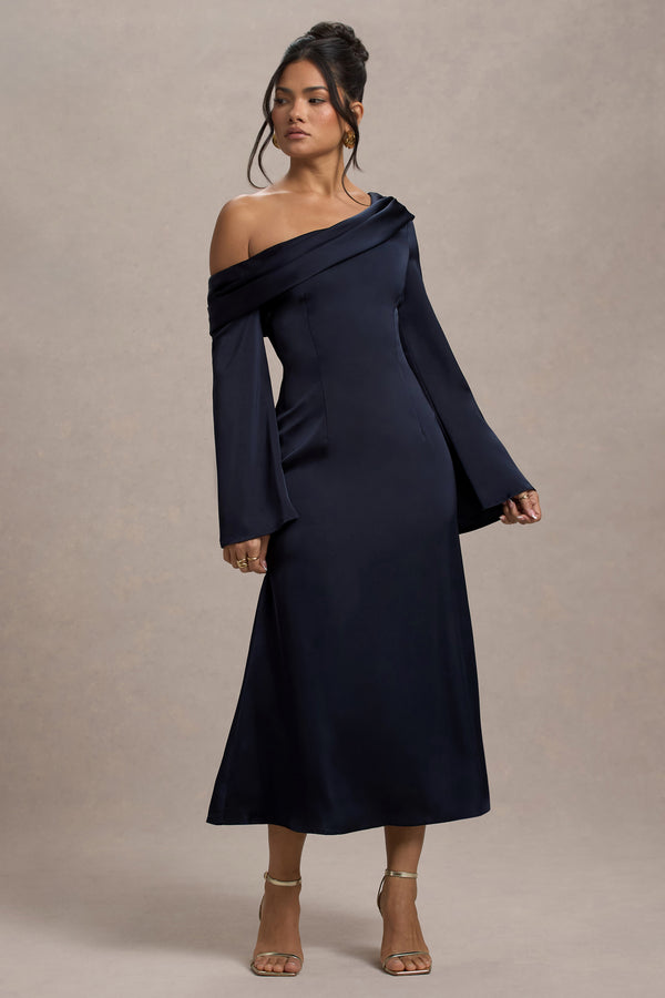 Club L Astral Navy Satin Asymmetric Flared-Sleeve Midi Dress