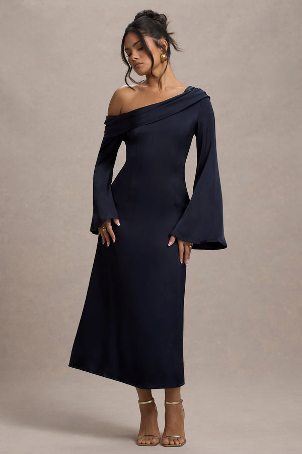 club l Astral Navy Satin Asymmetric Flared-Sleeve Midi Dress