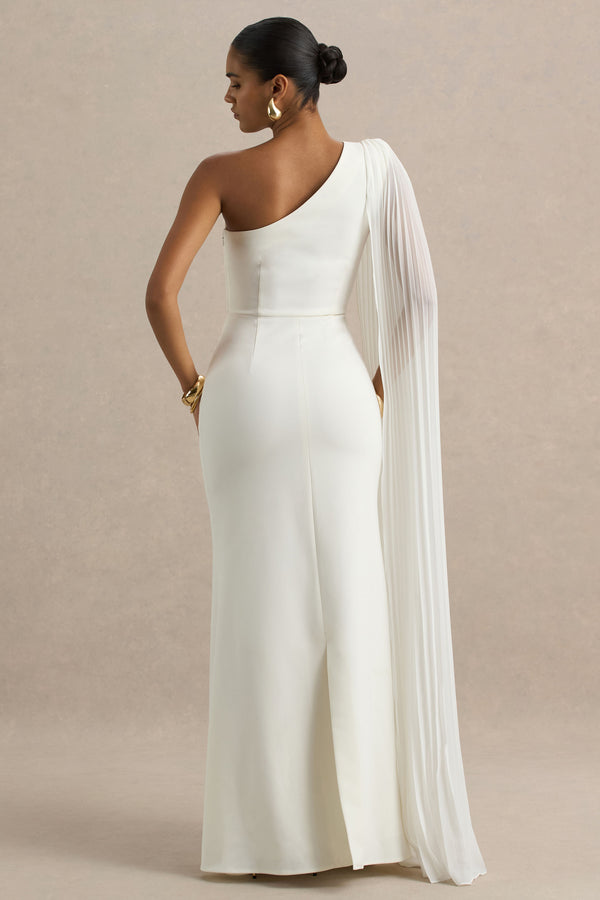 Club L Athens White Asymmetric-Neck Maxi Dress With Cape Sleeve Detail