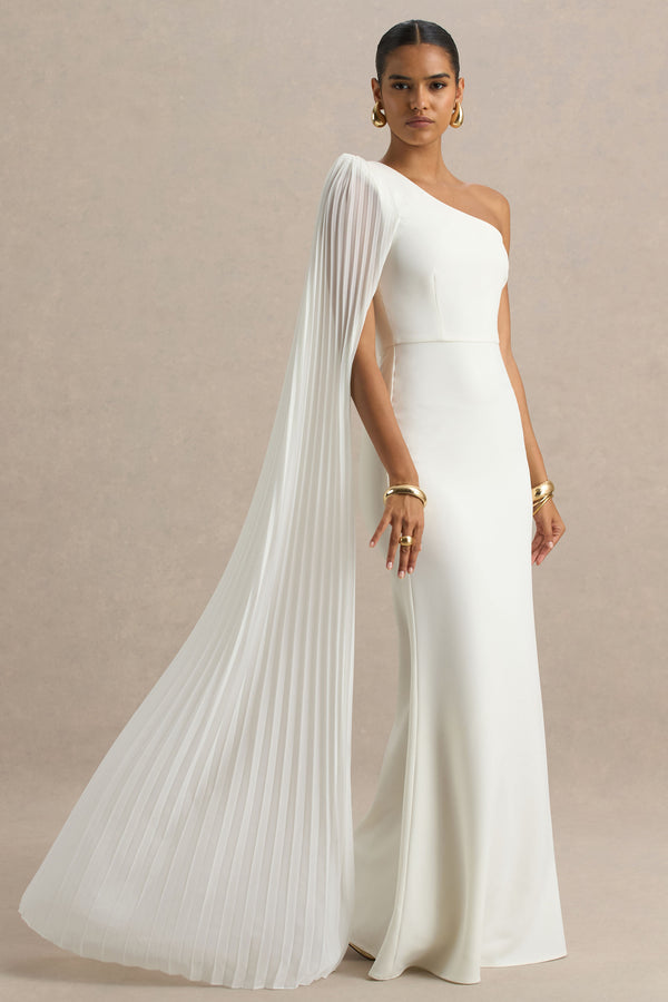 Club L Athens White Asymmetric-Neck Maxi Dress With Cape Sleeve Detail
