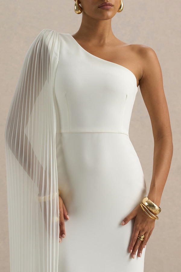 Club L Athens White Asymmetric-Neck Maxi Dress With Cape Sleeve Detail
