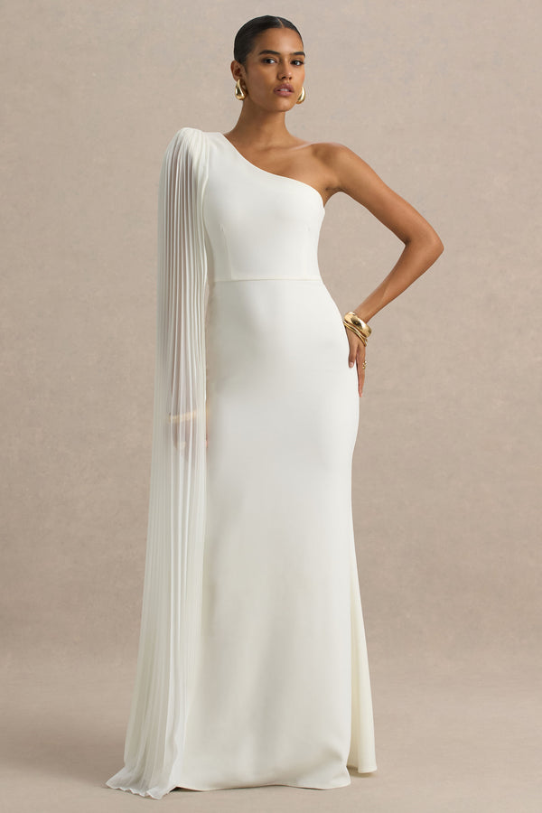 club l Athens White Asymmetric-Neck Maxi Dress With Cape Sleeve Detail