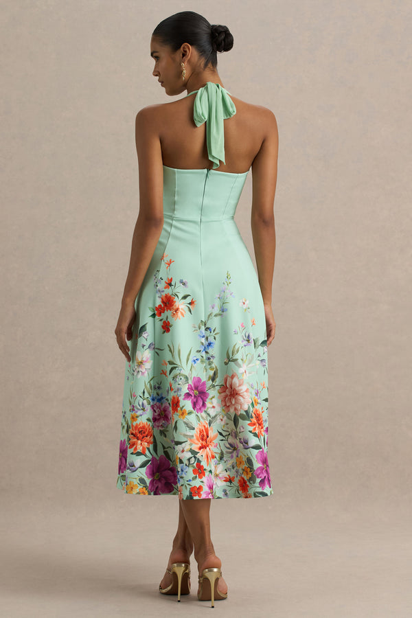Club L Auburn Mint Placement Floral Halter-Neck Midi Dress