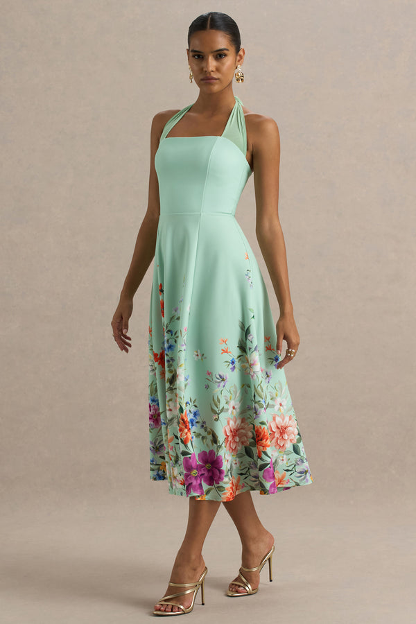 Club L Auburn Mint Placement Floral Halter-Neck Midi Dress