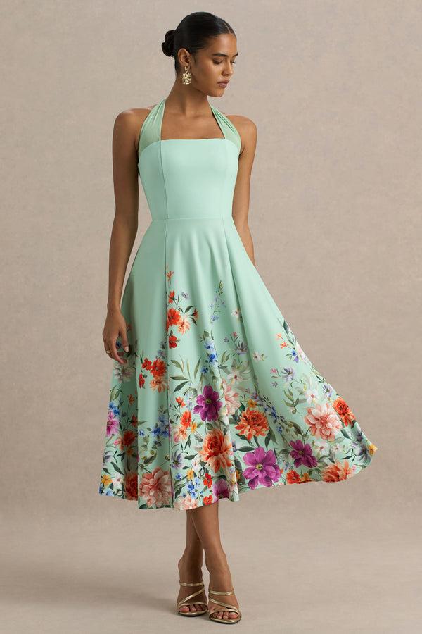 club l Auburn Mint Placement Floral Halter-Neck Midi Dress