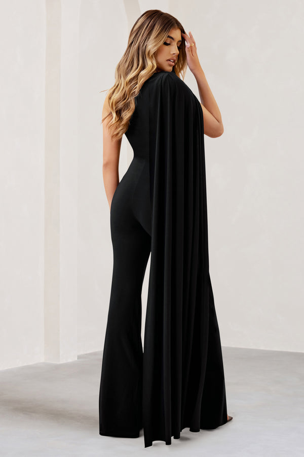 Club L Aurora Black One Shoulder Cape Sleeve Jumpsuit