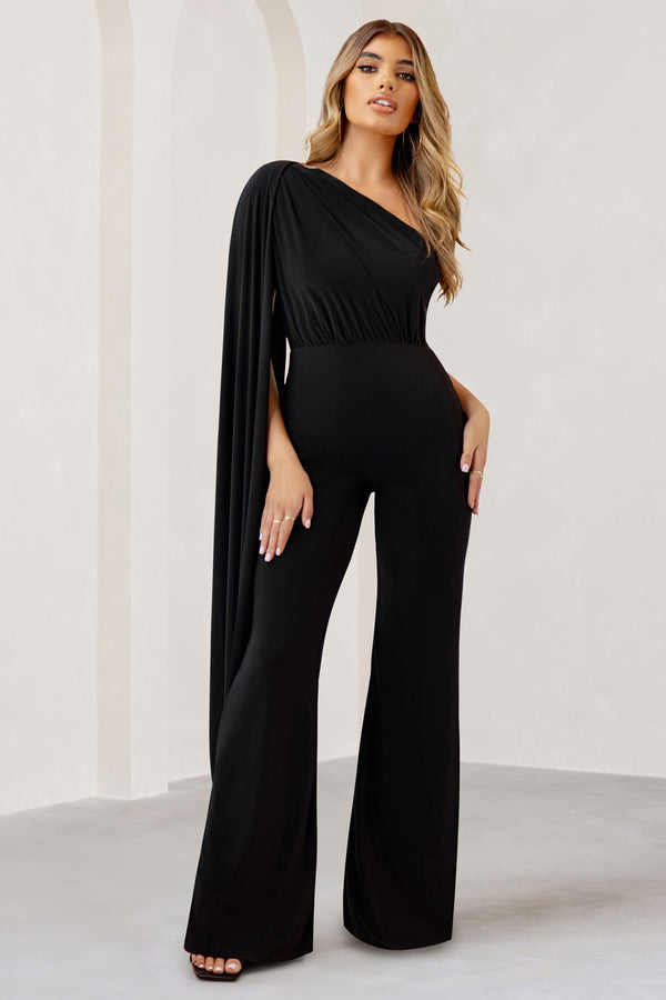 Club L Aurora Black One Shoulder Cape Sleeve Jumpsuit