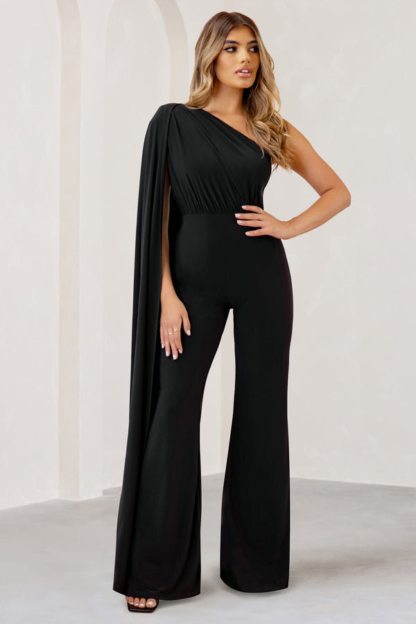 club l Aurora Black One Shoulder Cape Sleeve Jumpsuit