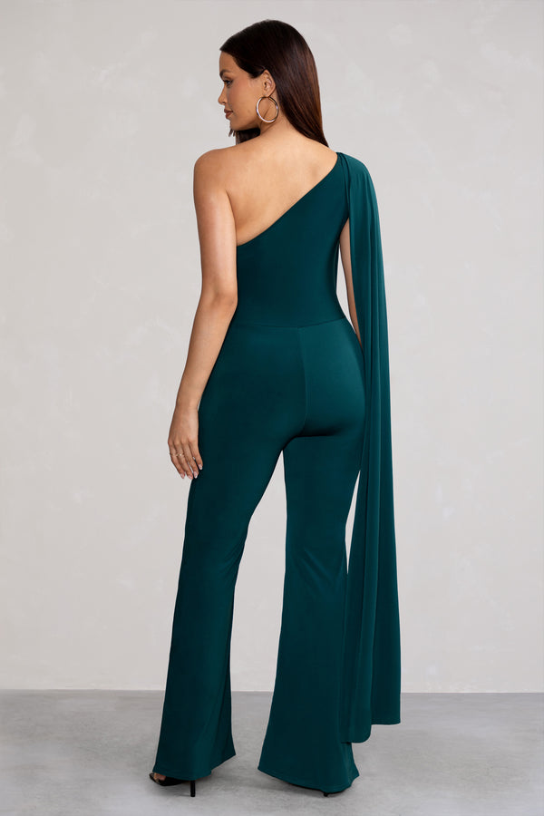 Club L Aurora Deep Green One Shoulder Cape Sleeve Jumpsuit