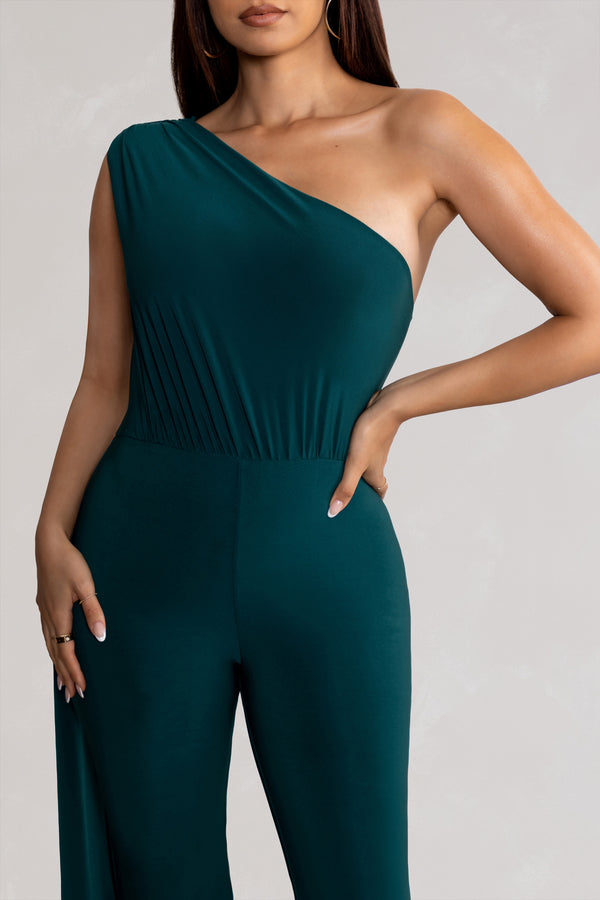 Club L Aurora Deep Green One Shoulder Cape Sleeve Jumpsuit