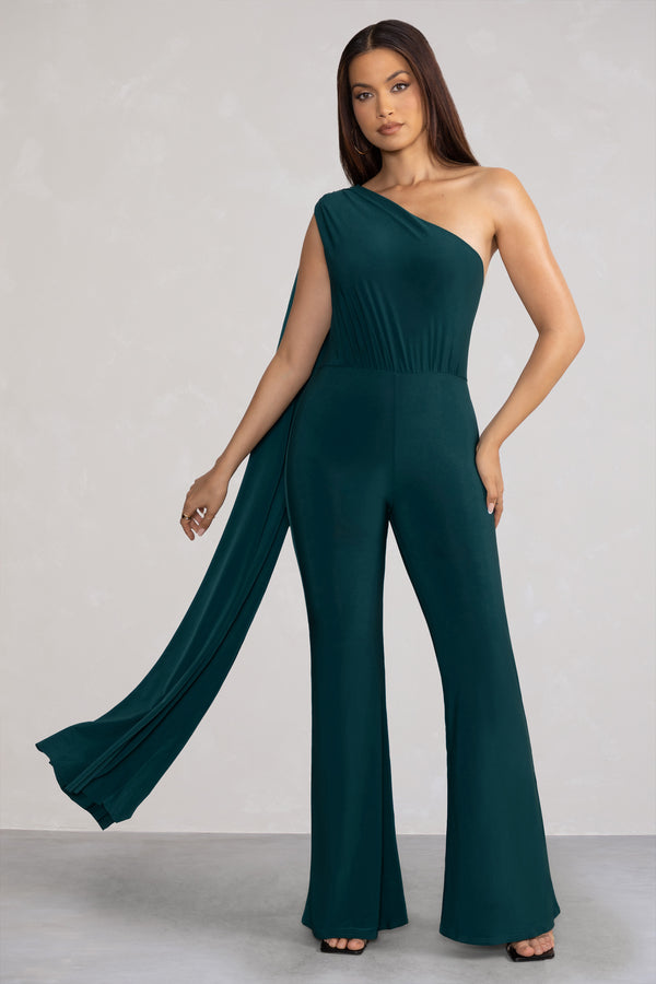 Club L Aurora Deep Green One Shoulder Cape Sleeve Jumpsuit