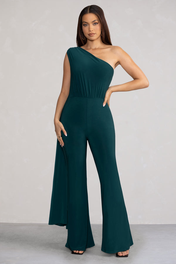 club l Aurora Deep Green One Shoulder Cape Sleeve Jumpsuit