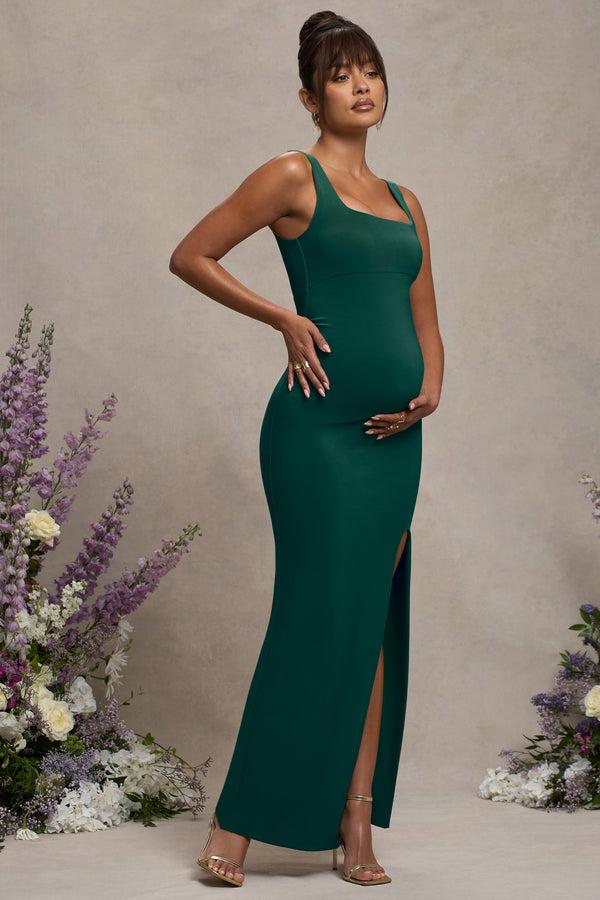 Club L Avril Bottle Green Square Neck Maternity Maxi Dress With Split