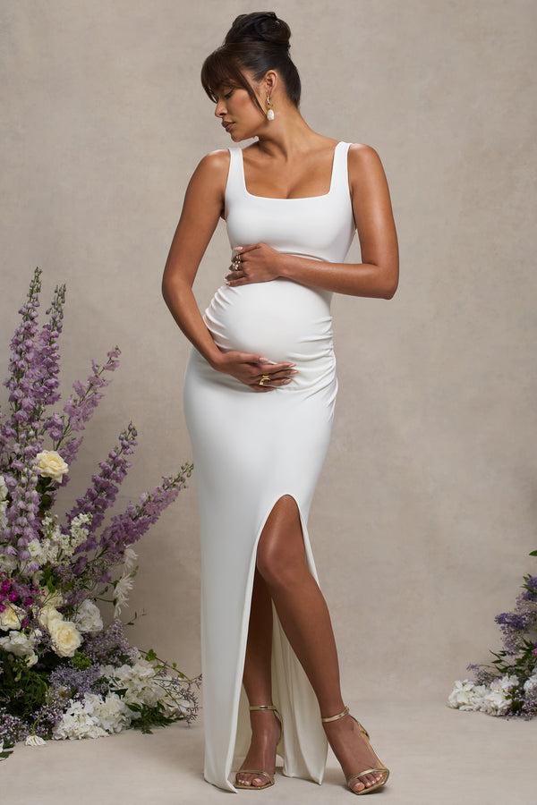 club l Avril White Square Neck Maternity Maxi Dress with Split