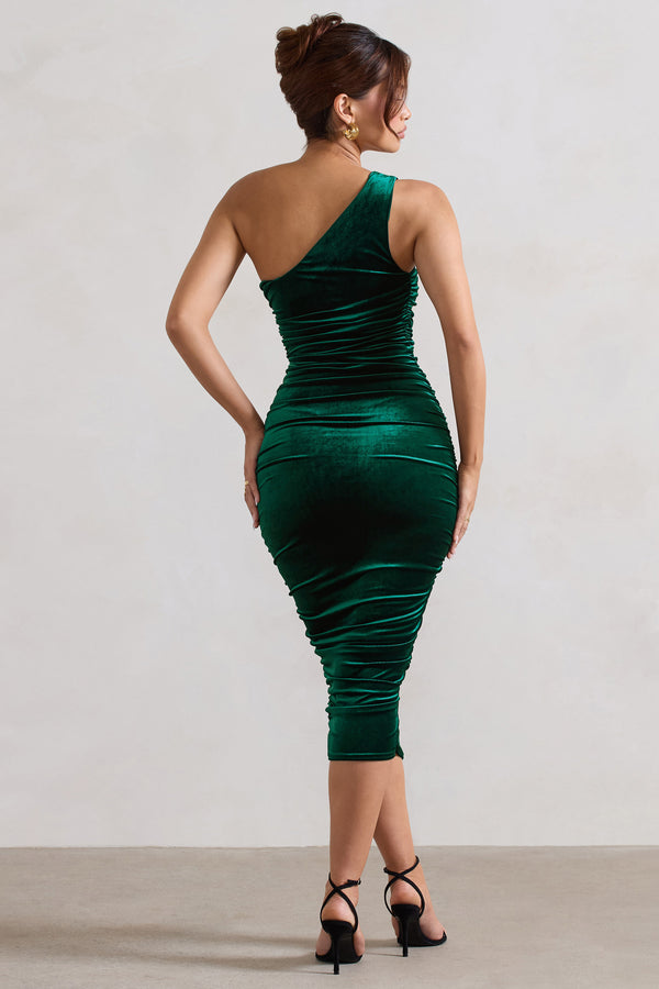 Club L Back For More Bottle Green Velvet One Shoulder Ruched Midi Dress