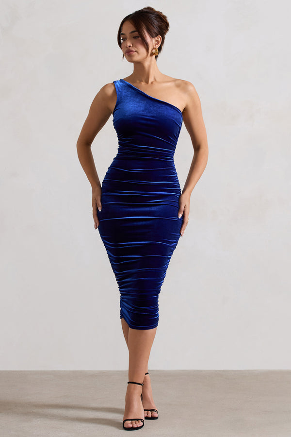 Club L Back For More Cobalt Blue Velvet One Shoulder Ruched Midi Dress