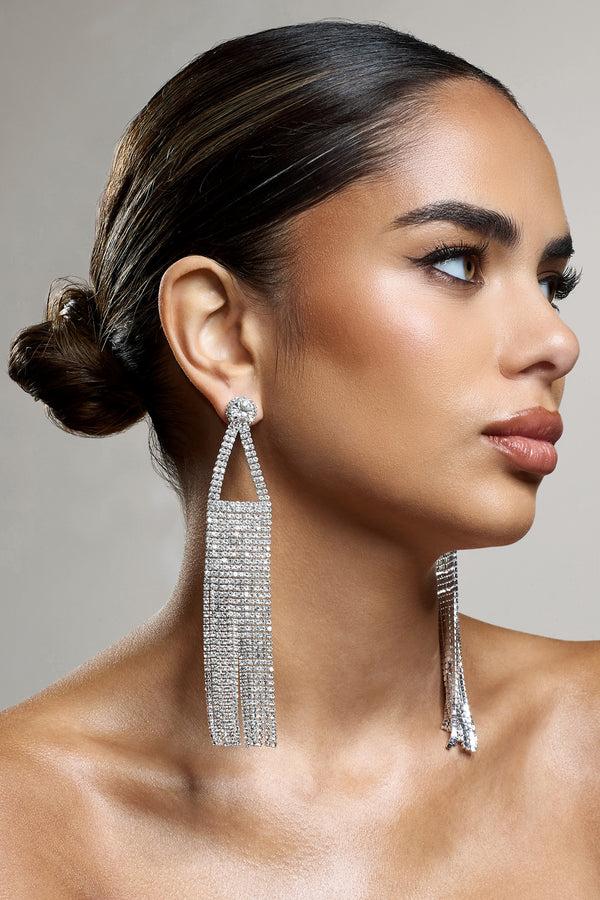 club l Balance Silver Diamante Statement Tassel Earrings