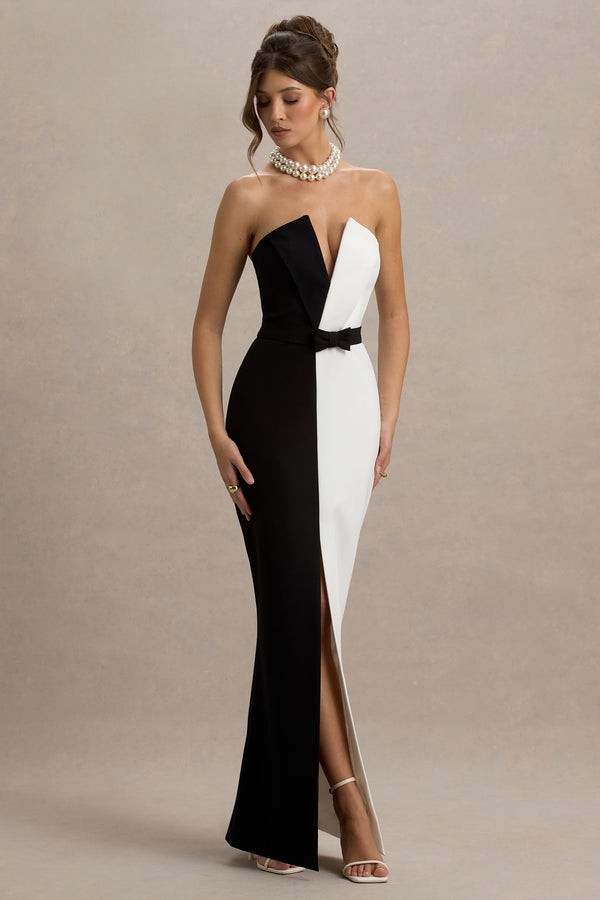 Club L Beatrice Black & White Plunge Bandeau Maxi Dress With High-Leg Split