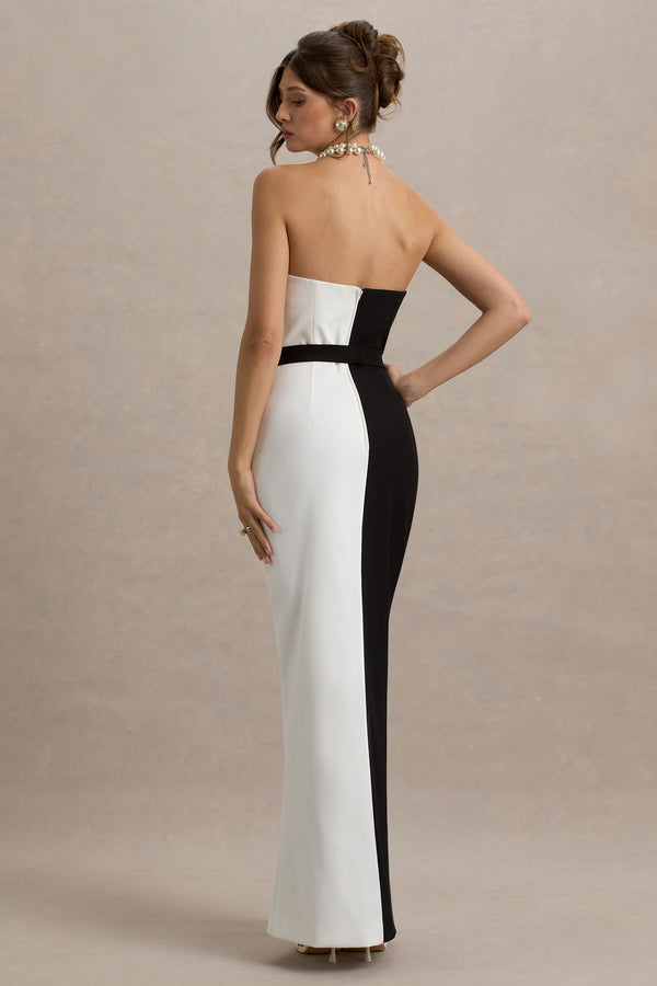 Club L Beatrice Black & White Plunge Bandeau Maxi Dress With High-Leg Split
