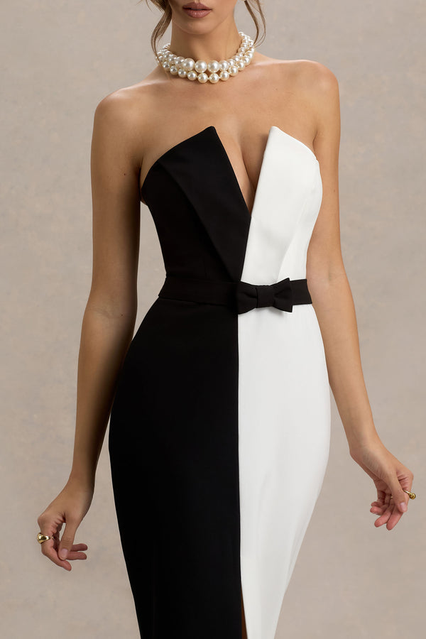 Club L Beatrice Black & White Plunge Bandeau Maxi Dress With High-Leg Split