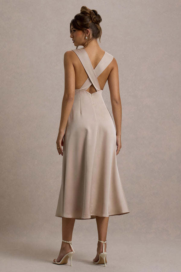Club L Beck Champagne Satin Plunge-Neck Cross-Back Midi Dress