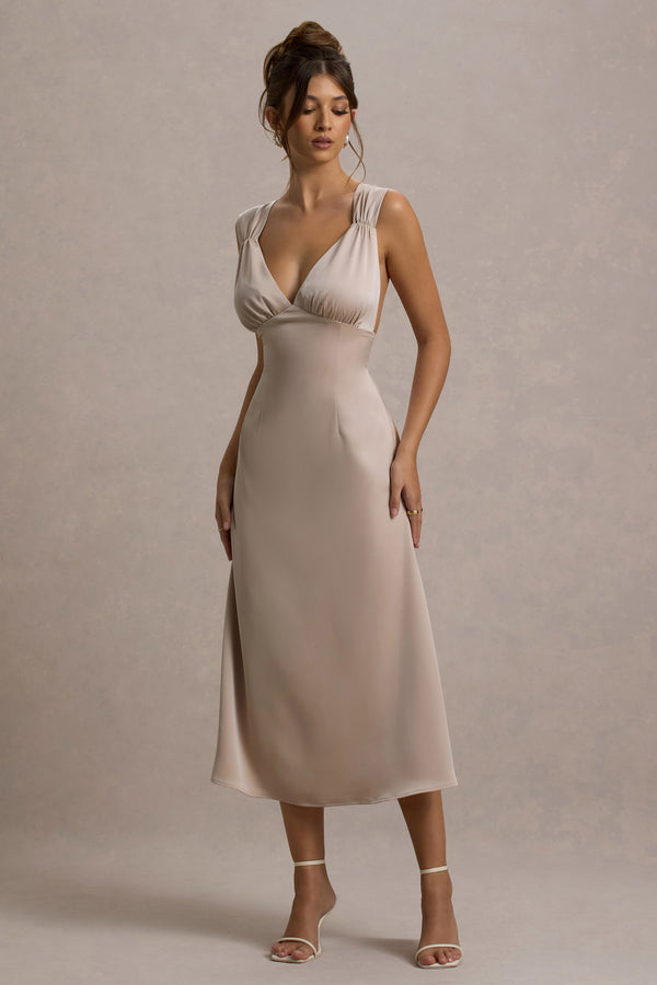 club l Beck Champagne Satin Plunge-Neck Cross-Back Midi Dress