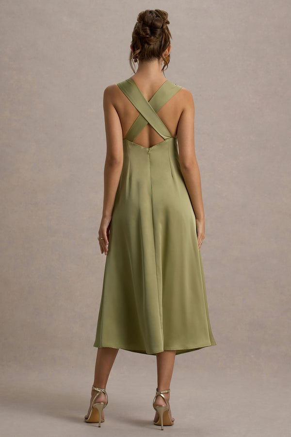 Club L Beck Light Green Satin Plunge-Neck Cross-Back Midi Dress