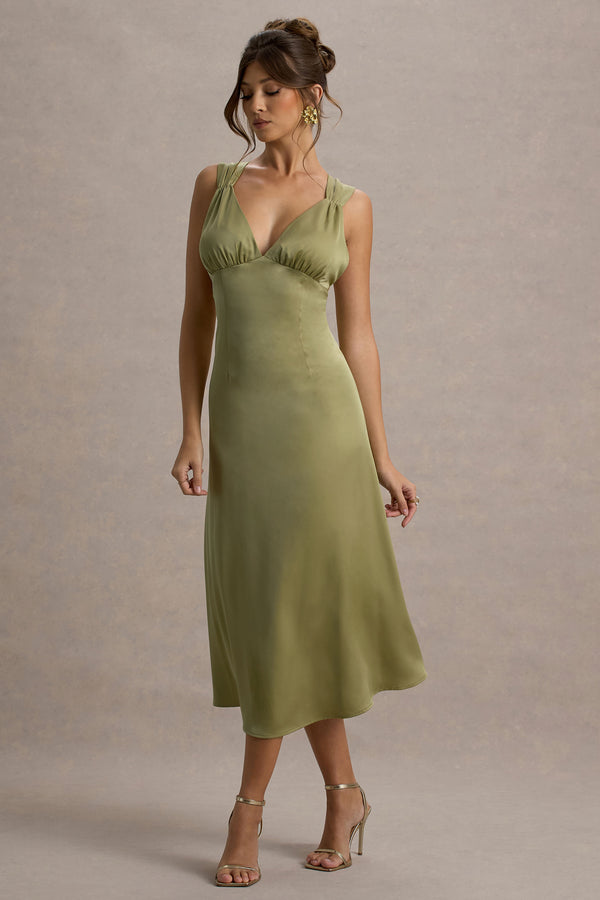 Club L Beck Light Green Satin Plunge-Neck Cross-Back Midi Dress