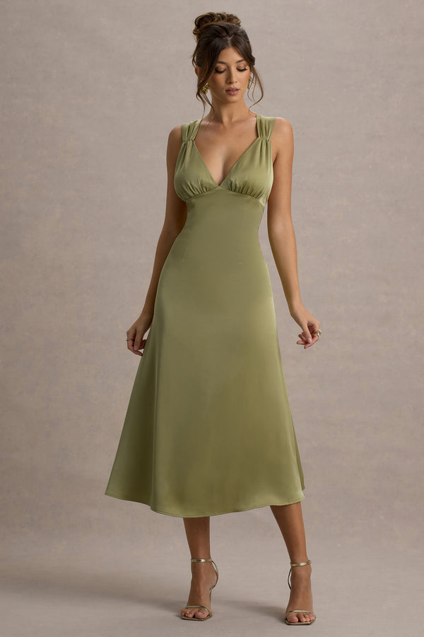 club l Beck Light Green Satin Plunge-Neck Cross-Back Midi Dress