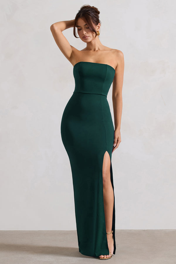 Club L Belle Of The Ball Bottle Green Bandeau Maxi Dress With Split Hem