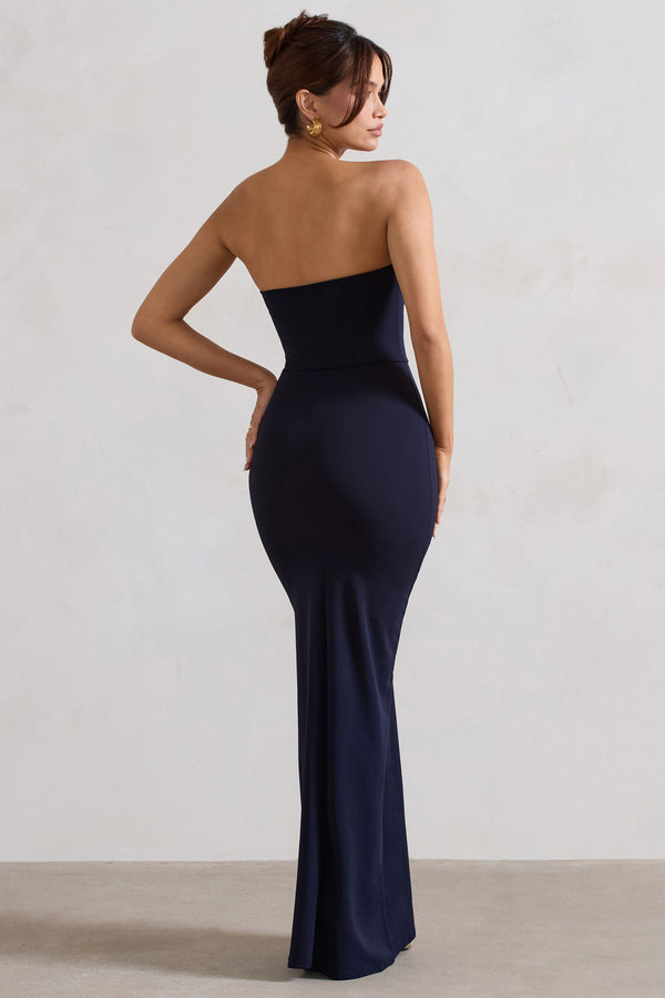 Club L Belle Of The Ball Navy Bandeau Maxi Dress With Split Hem