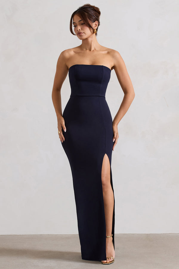 Club L Belle Of The Ball Navy Bandeau Maxi Dress With Split Hem