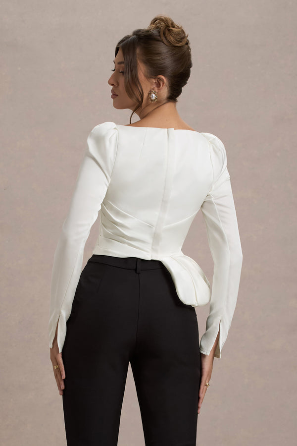 Club L Bensley Ecru Satin Asymmetric Plunge-Neck Top With Ruffle