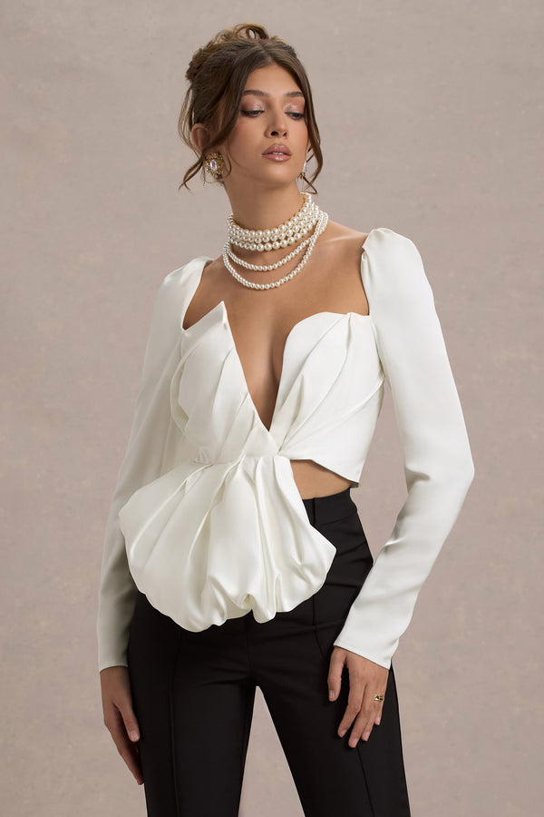 Club L Bensley Ecru Satin Asymmetric Plunge-Neck Top With Ruffle