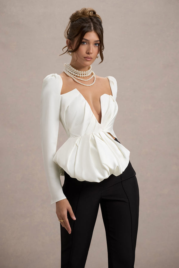 Club L Bensley Ecru Satin Asymmetric Plunge-Neck Top With Ruffle