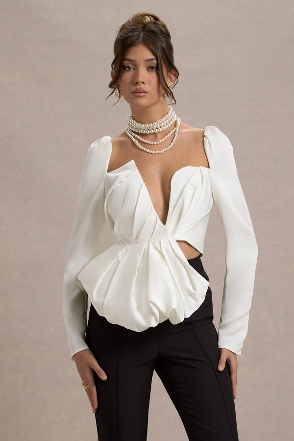 club l Bensley Ecru Satin Asymmetric Plunge-Neck Top With Ruffle