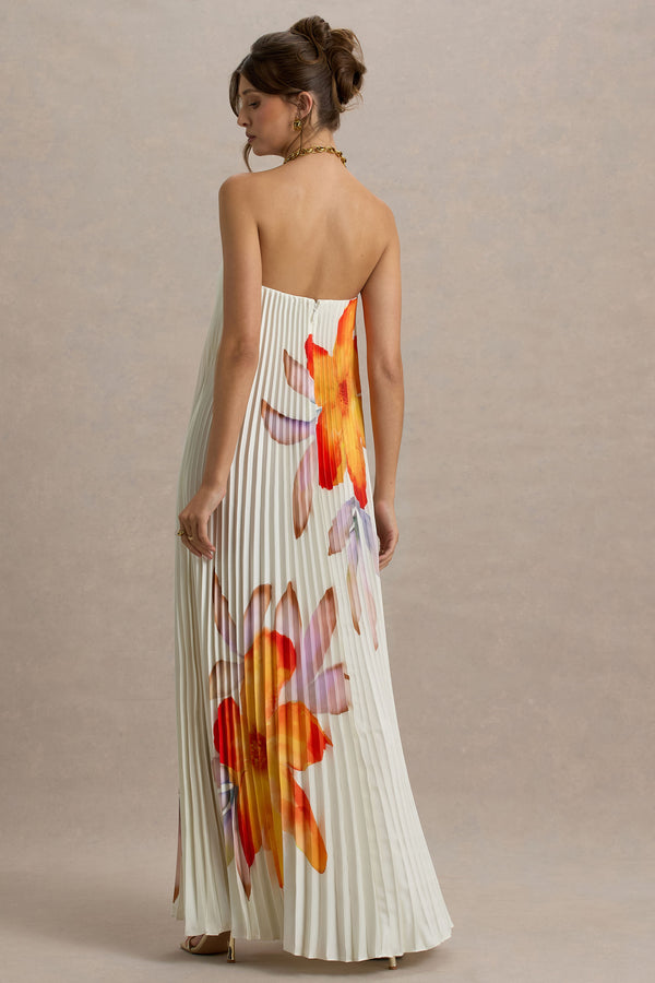 Club L Bergamot Orange Floral Satin Sweetheart Maxi Dress