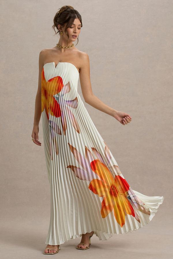 club l Bergamot Orange Floral Satin Sweetheart Maxi Dress