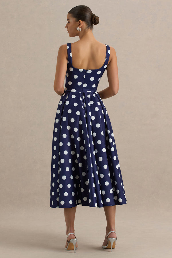 Club L Berta Navy And White Polka-Dot Square-Neck Midi Dress