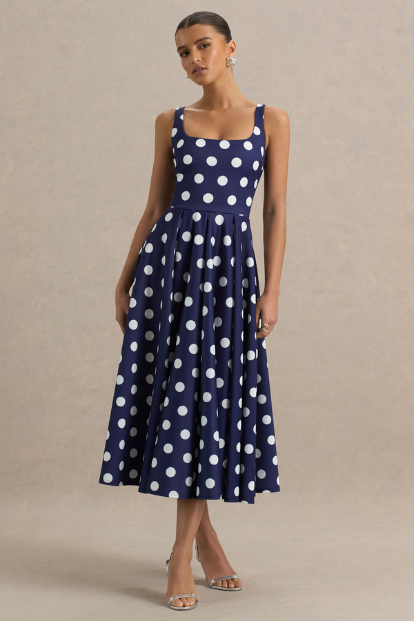 Club L Berta Navy And White Polka-Dot Square-Neck Midi Dress