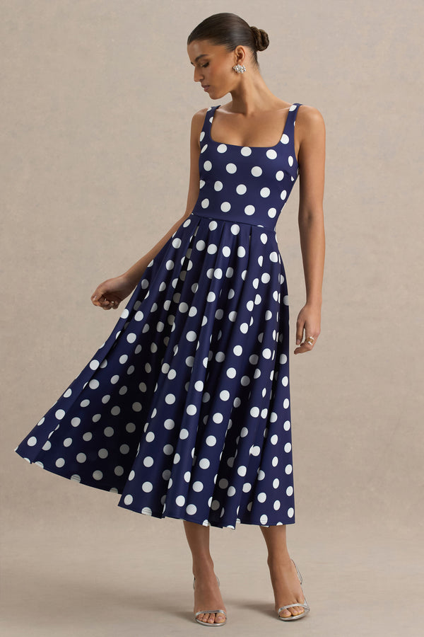 club l Berta Navy And White Polka-Dot Square-Neck Midi Dress
