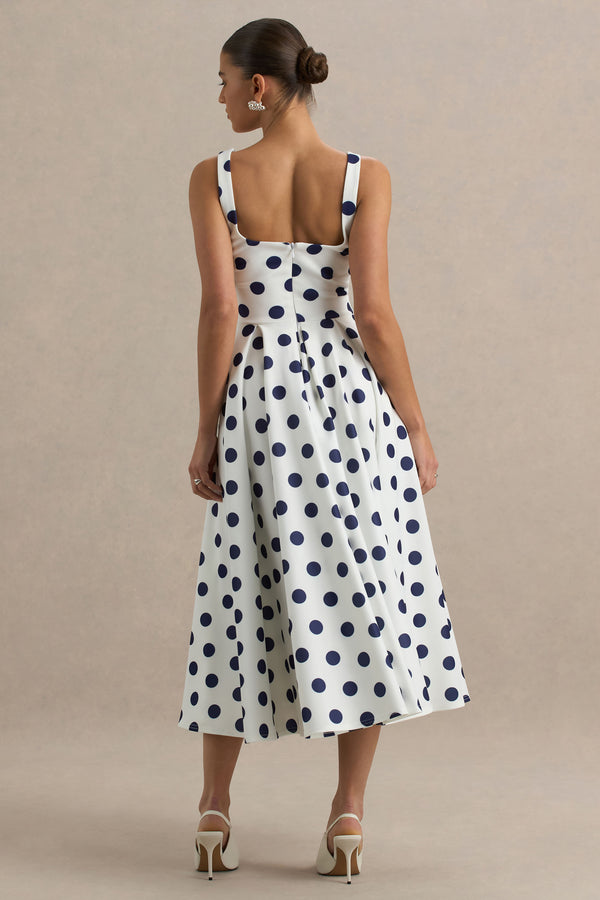 Club L Berta White And Navy Polka-Dot Square-Neck Midi Dress