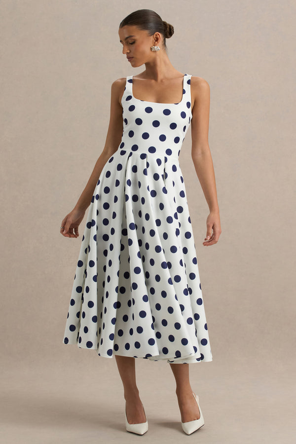 Club L Berta White And Navy Polka-Dot Square-Neck Midi Dress
