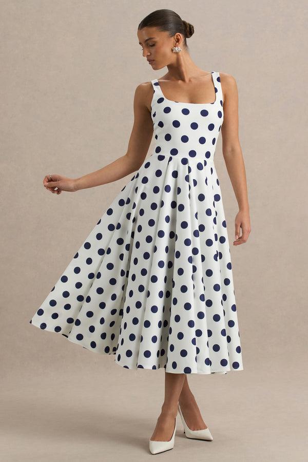 club l Berta White And Navy Polka-Dot Square-Neck Midi Dress