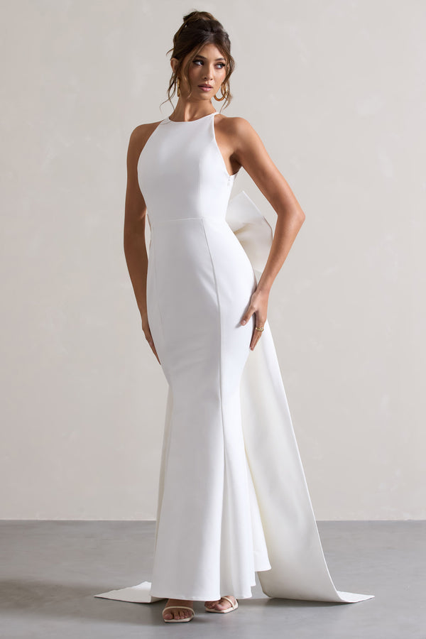 Club L Bestow White Open-Back Maxi Dress With Oversized White Bow