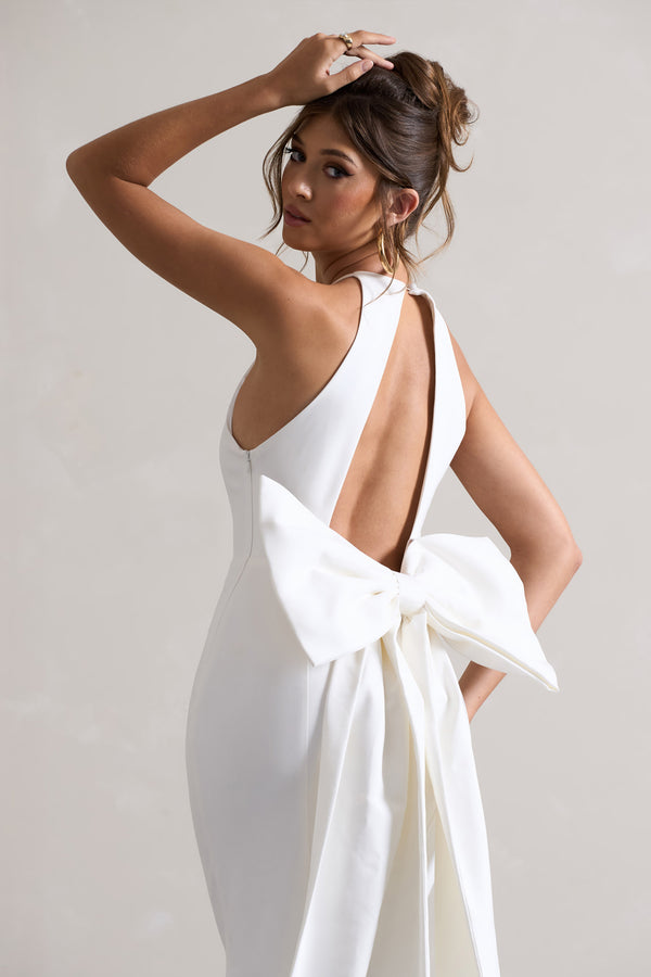 Club L Bestow White Open-Back Maxi Dress With Oversized White Bow