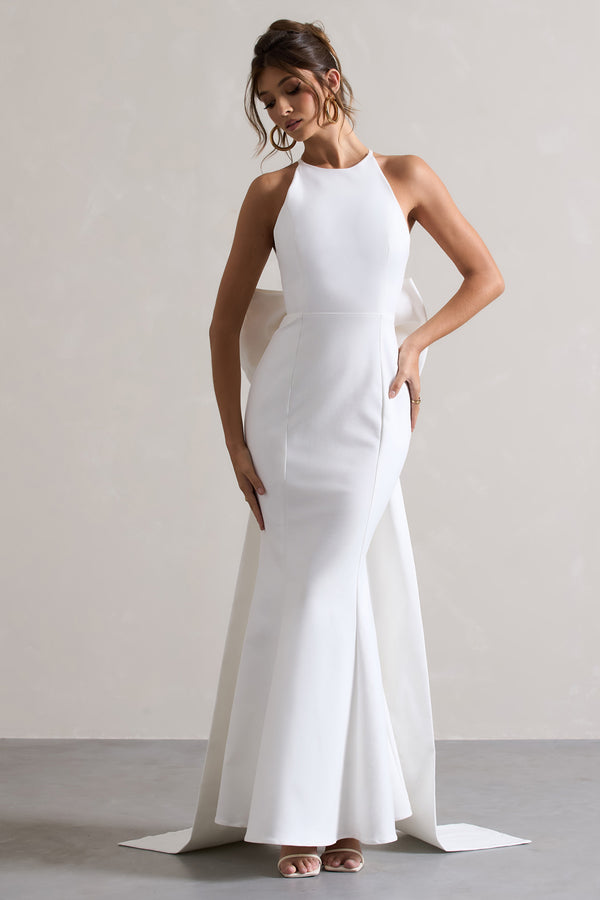 Club L Bestow White Open-Back Maxi Dress With Oversized White Bow